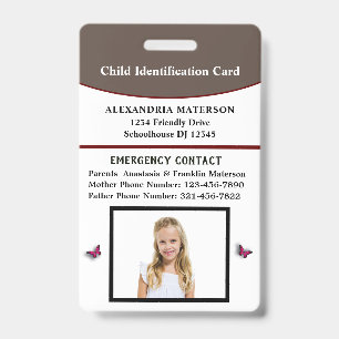 Child Kid ID Identification Emergency Card  Badge
