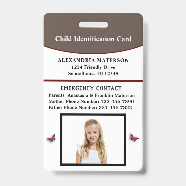 Child Kid ID Identification Emergency Card  Badge (Front)