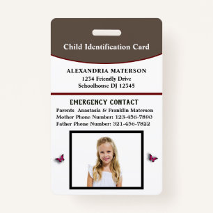 Child Kid ID Identification Emergency Card  Badge