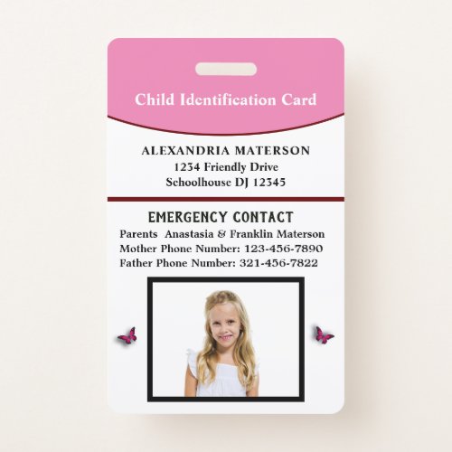 Child Kid ID Identification Emergency Card  Badge