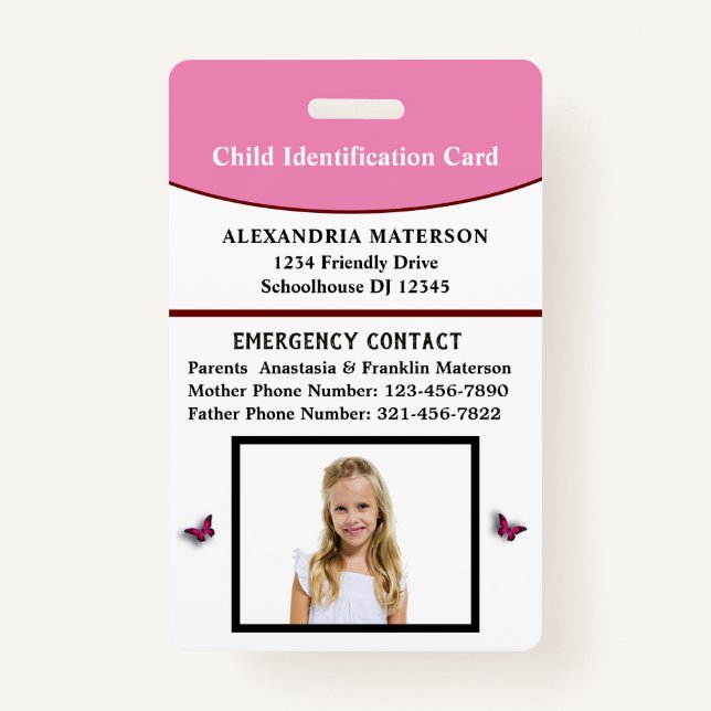 Child Kid ID Identification Emergency Card  Badge (Front)