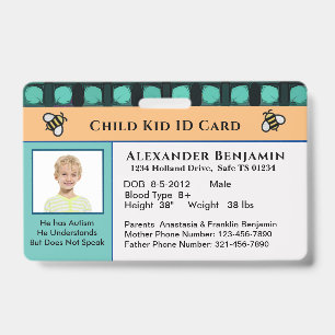 Child Kid ID Identification Personalize Card  Badge