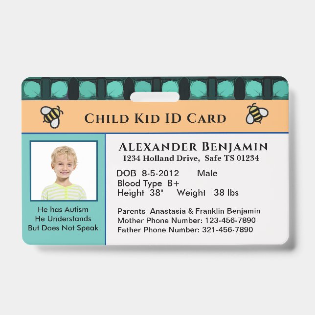 Child Kid ID Identification Personalize Card  Badge (Front)