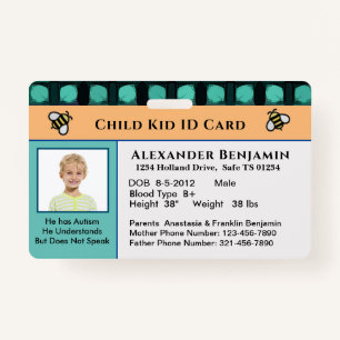 Child Kid ID Identification Personalize Card Badge