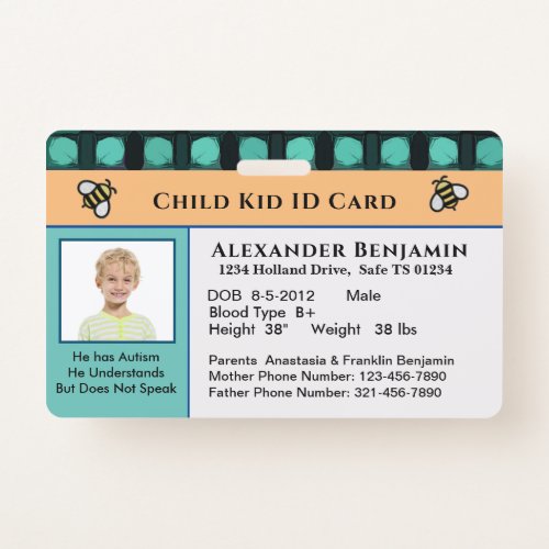 Child Kid ID Identification Personalize Card  Badge