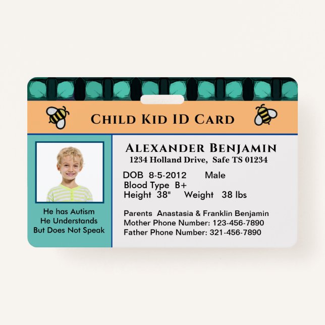 Child Kid ID Identification Personalize Card  Badge (Front)