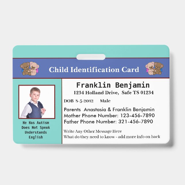 Child Kids Photo ID Identification Card Custom  Badge (Front)