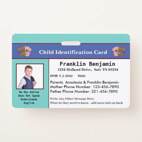 Child Kids Photo ID Identification Card Custom  Badge