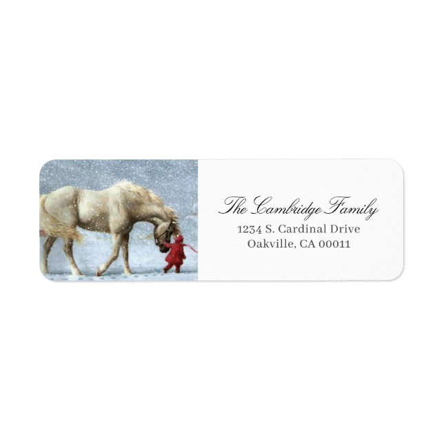 Child Leading A Horse In The Snow Holiday Label (Front)