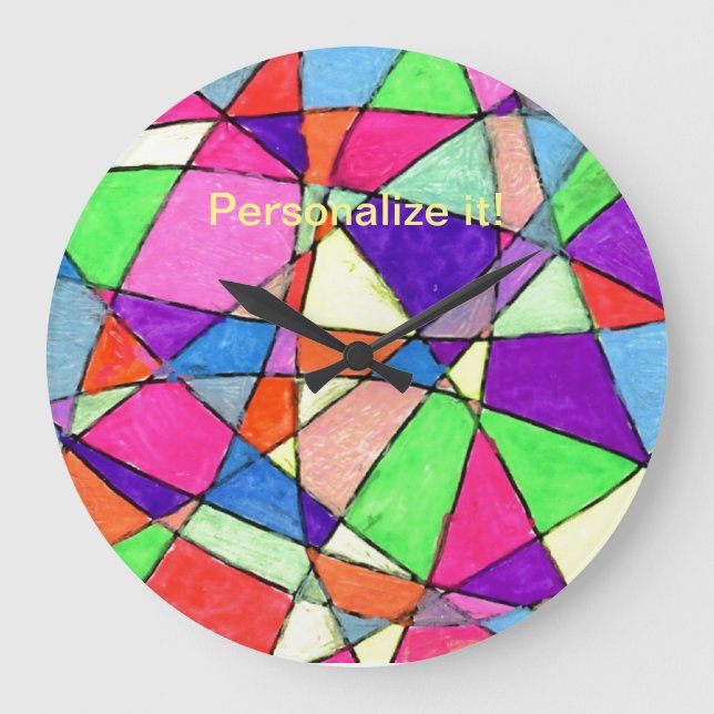 Child like crayon geometric drawing in multi-color large clock (Front)