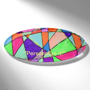 Child like multiple colored crayon triangles name tag