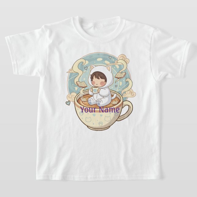 Child Name Cat Kids T-Shirt for Boys Girls School (Laydown)