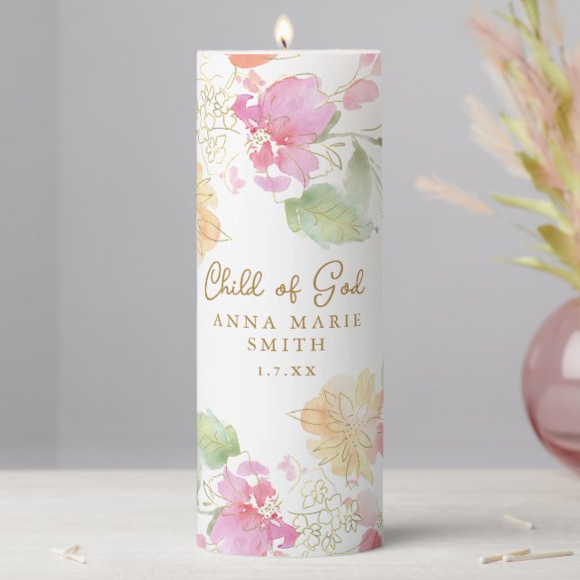 Child of God Pink Floral Custom Baptism Candle (In Situ)