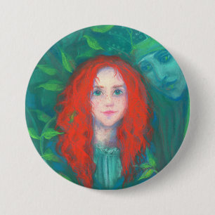 Child of the forest, fantasy art ginger girl green pinback button