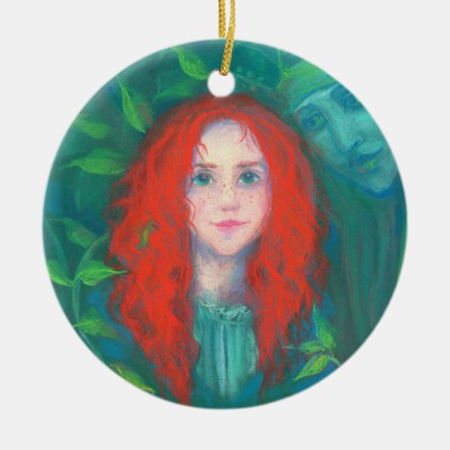 Child of the forest red haired girl green shades ceramic ornament