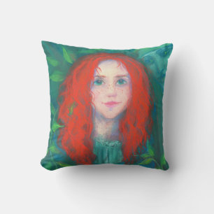 Child of the forest, red haired girl, green shades throw pillow