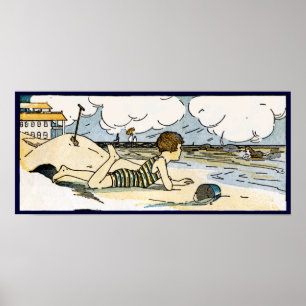 Child on Beach Vintage Art Poster Print