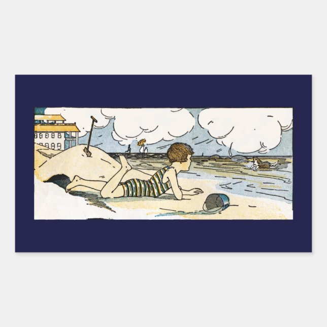 Child on Beach Vintage Art Rectangular Sticker (Front)