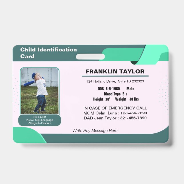 Child Photo Emergency ID Identification Card Badge (Front)