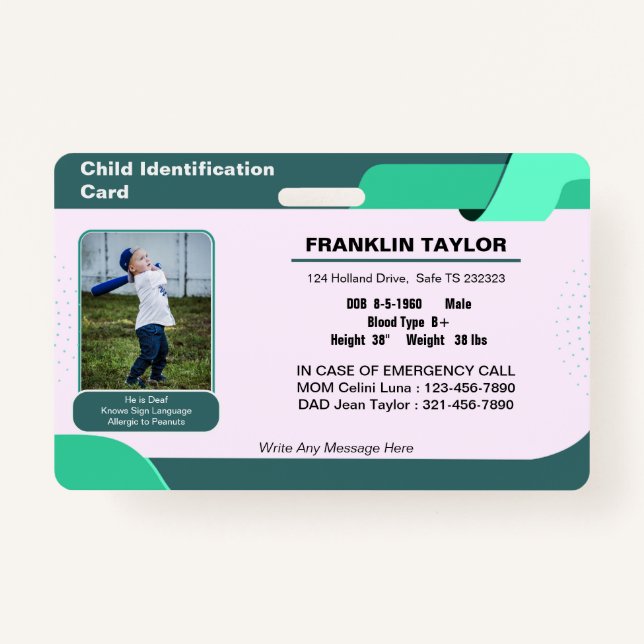 Child Photo Emergency ID Identification Card Badge (Front)