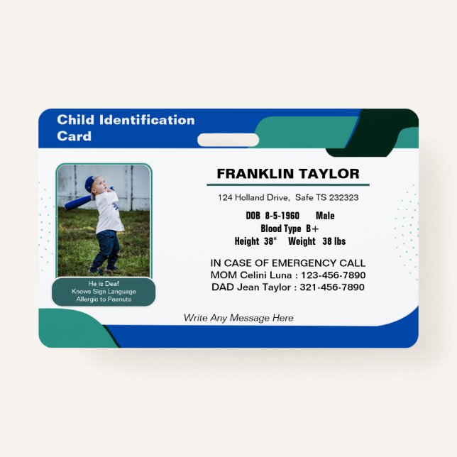 Child Photo Emergency ID Identification Card Badge (Front)