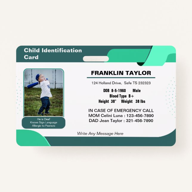 Child Photo Emergency ID Identification Card Badge (Front)
