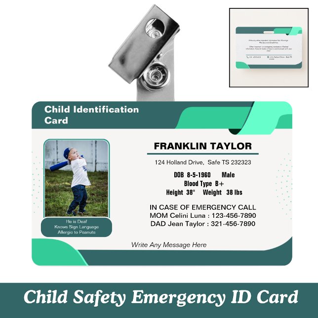 Child Photo Emergency ID Identification Card Badge (Child Safety Emergency ID Card)