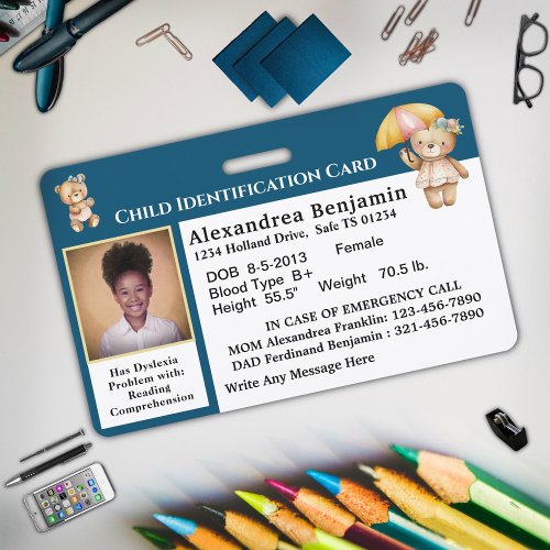 Child Photo Emergency ID Identification Card  Badge
