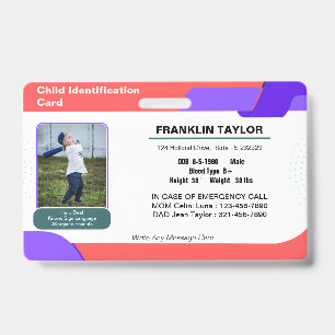 Child Photo Emergency ID Identification Card Badge
