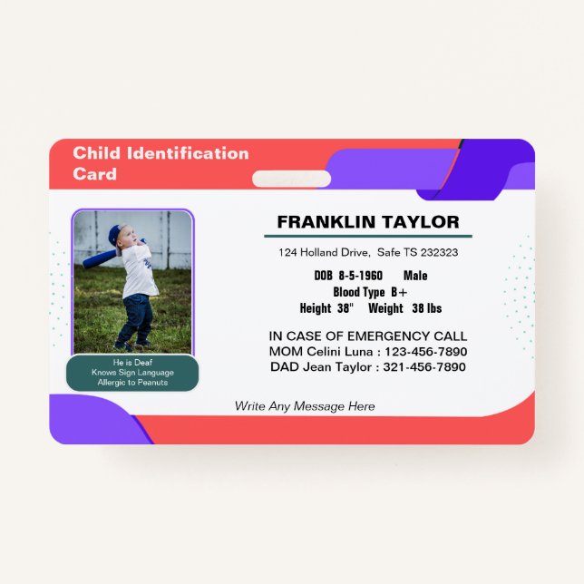 Child Photo Emergency ID Identification Card Badge (Front)