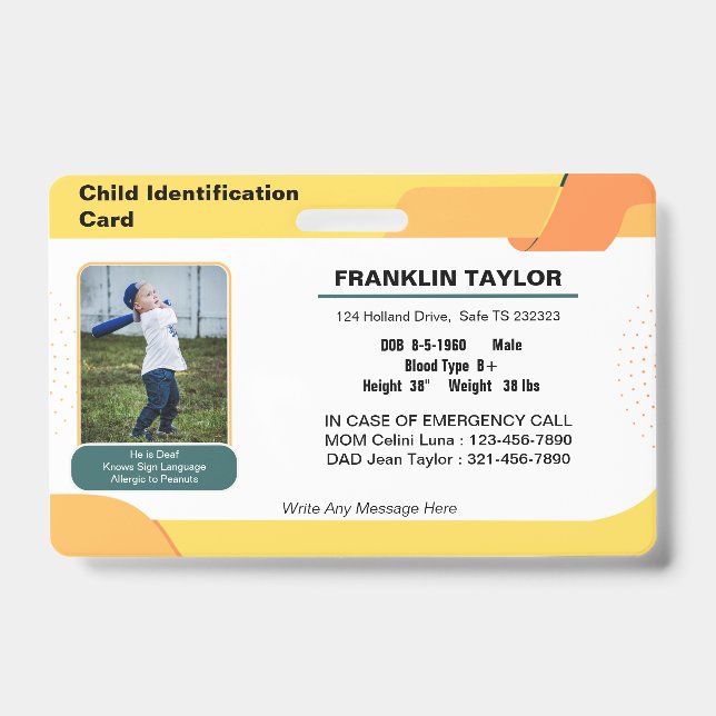 Child Photo Emergency ID Identification Card Badge (Front)