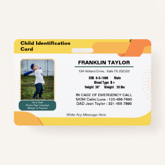 Child Photo Emergency ID Identification Card Badge