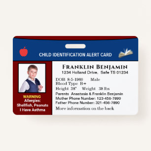 Child Photo ID Identification Alert Card Custom Badge