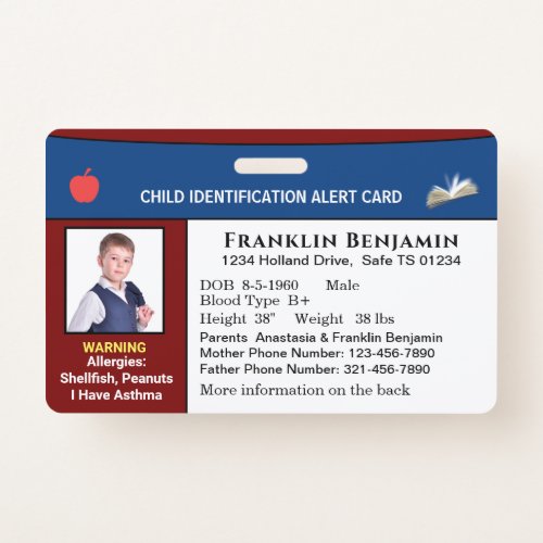 Child Photo ID Identification Alert Card Custom  Badge