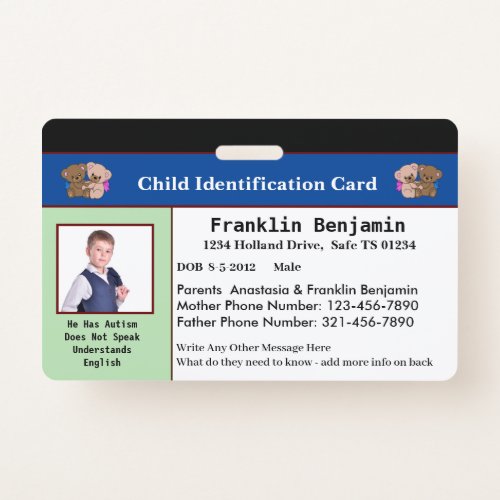 Child Photo ID Identification Card Custom Badge