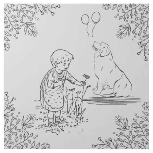 Child picking flowers with a dog  gallery wrap