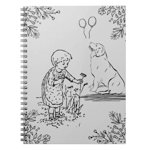 child picking flowers with a dog notebook