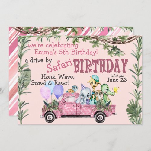 Child Pink Safari Happy Birthday Parade Invitation