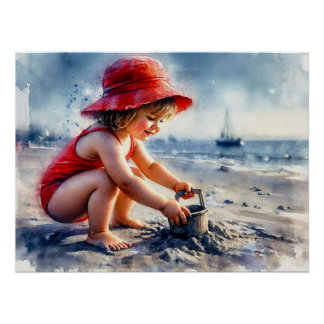 Child Playing on Sunny Beach,  Poster