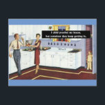 Child Proofing Kitchen - Retro Vintage Funny Postcard<br><div class="desc">I Child Proofed My House, But Somehow They Keep Getting In. This tongue in cheek, funny saying goes perfectly with this retro-looking couple in a kitchen with a pajama-clad child creeping in to interrupt their good time. Is it her husband, the neighbor, secret lover - who knows - and what's...</div>
