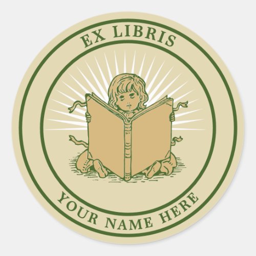 Child Reading Book Ex Libris Template Classic Round Sticker