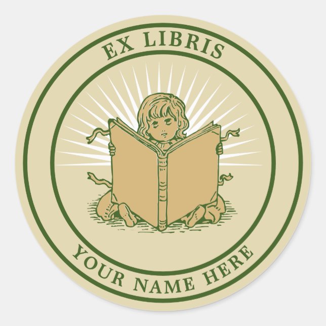 Child Reading Book Ex Libris Template Classic Round Sticker (Front)