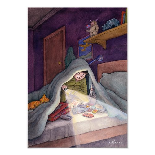 Child Reading Book Under Blanket With Flashlight Photo Print