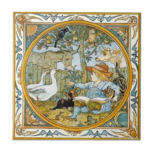 Child Reading to Animals Walter Crane Repro Ceramic Tile