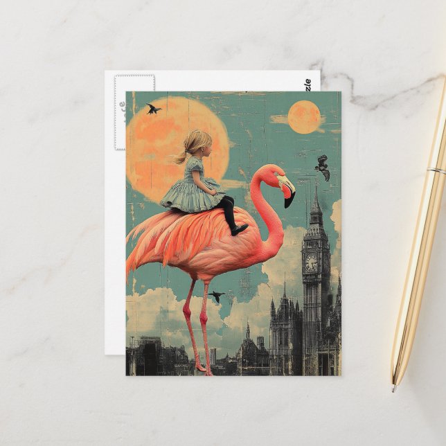 Child Rides on a Pink Flamingo Postcard (Front/Back In Situ)