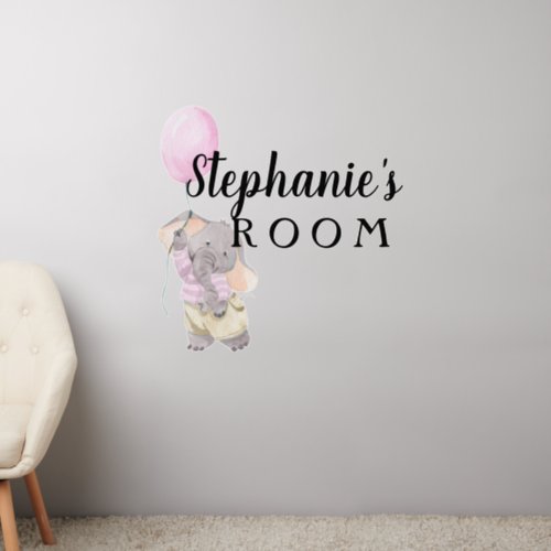 Child Room Girl Pink Elephant Personalized name Wall Decal