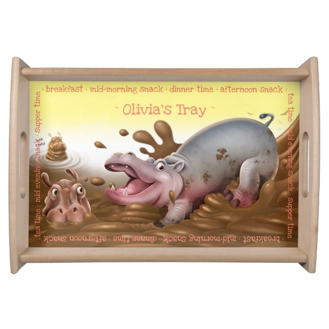 Child’s custom wooden serving tray Hippos. (Front)