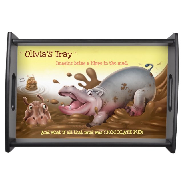Child’s custom wooden serving tray Hippos CHOC PUD (Front)
