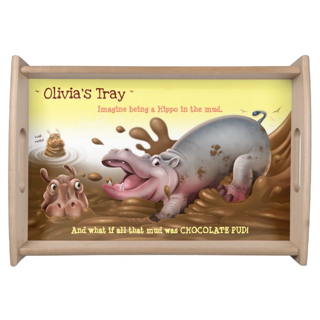 Child’s custom wooden serving tray Hippos CHOC PUD (Front)