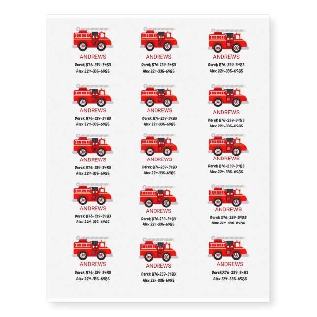 Child Safety Lost Phone Number Firetruck Red Temporary Tattoos (Front)